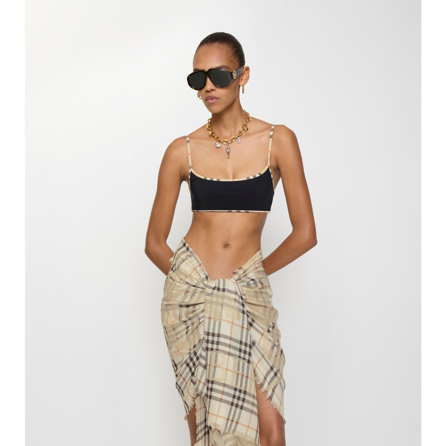 格纹饰边比基尼上衣