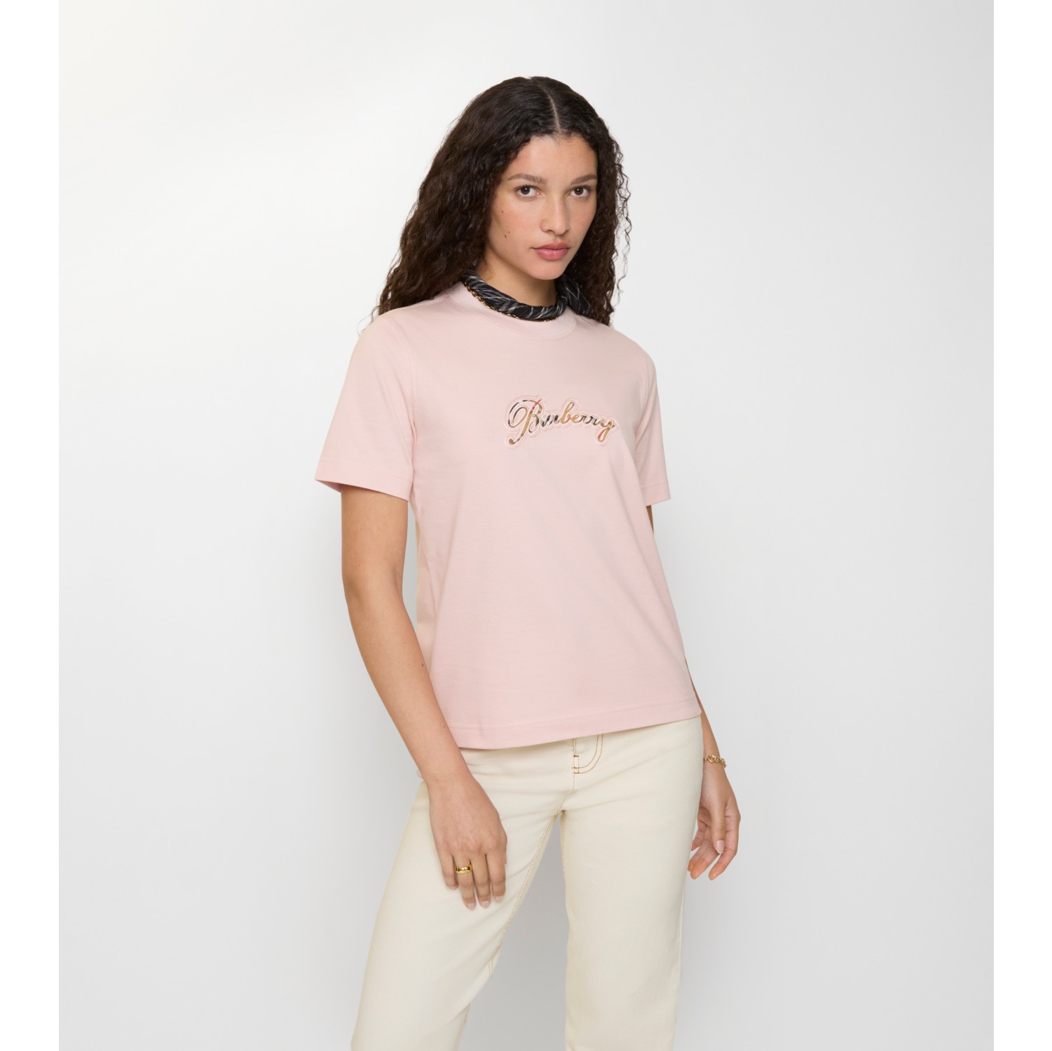 格纹草书风格徽标装饰棉质 T 恤衫