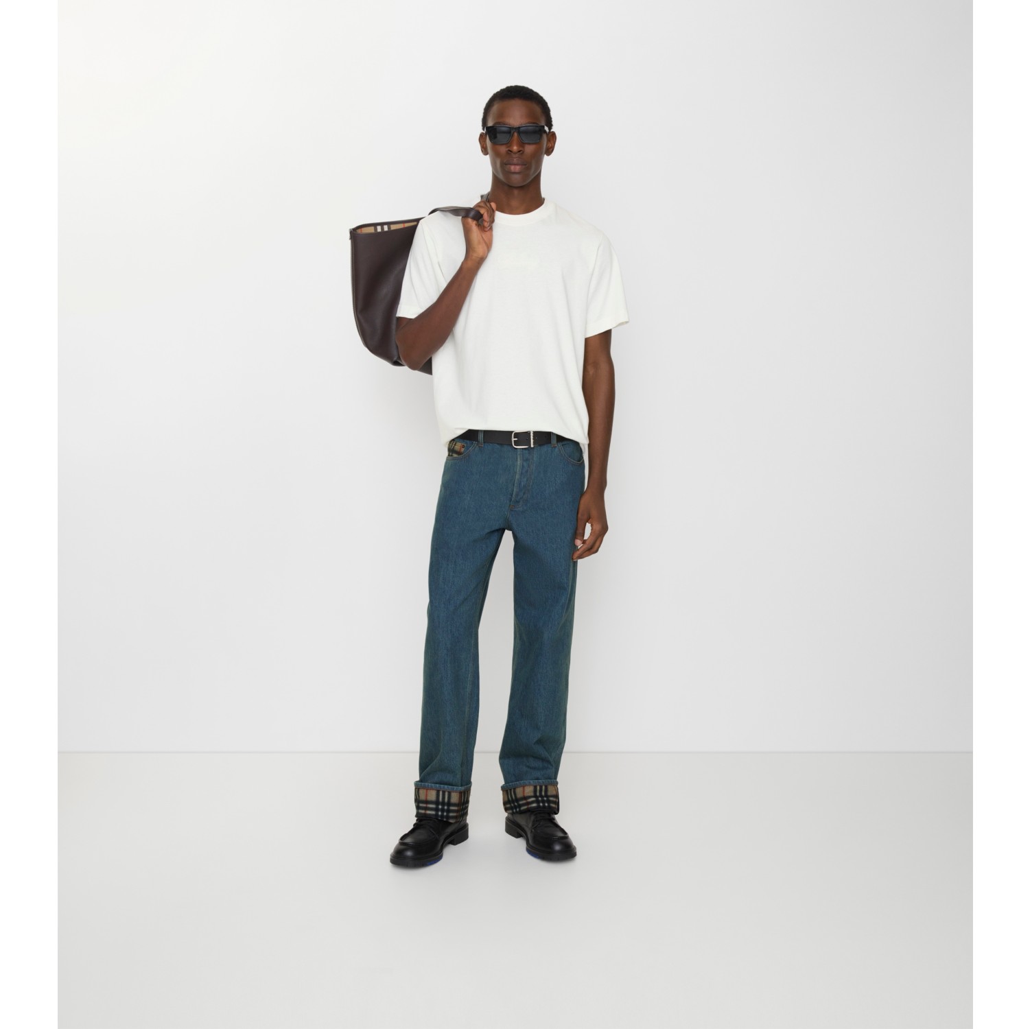 直筒剪裁格纹翻边牛仔裤