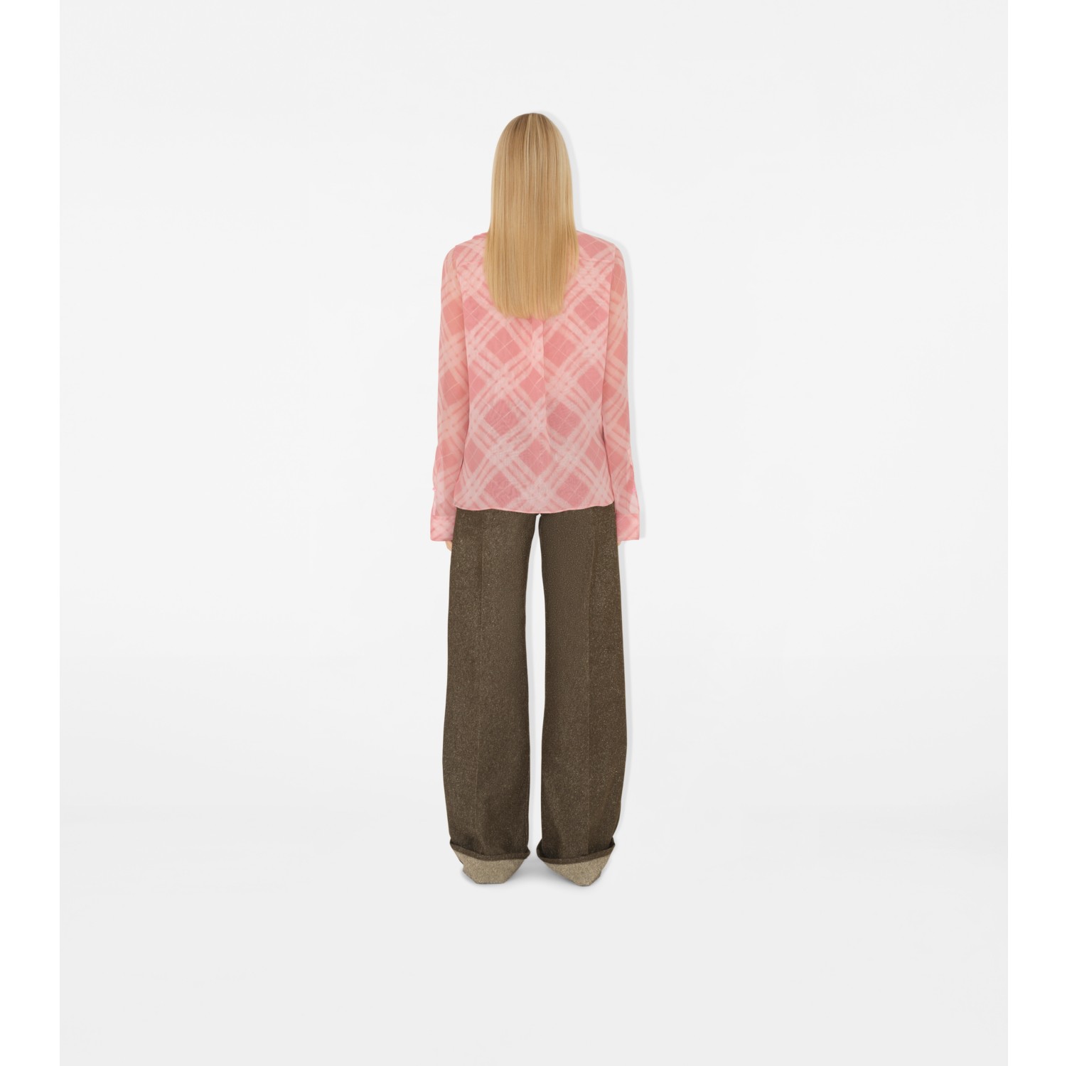 褶饰格纹丝质女衫