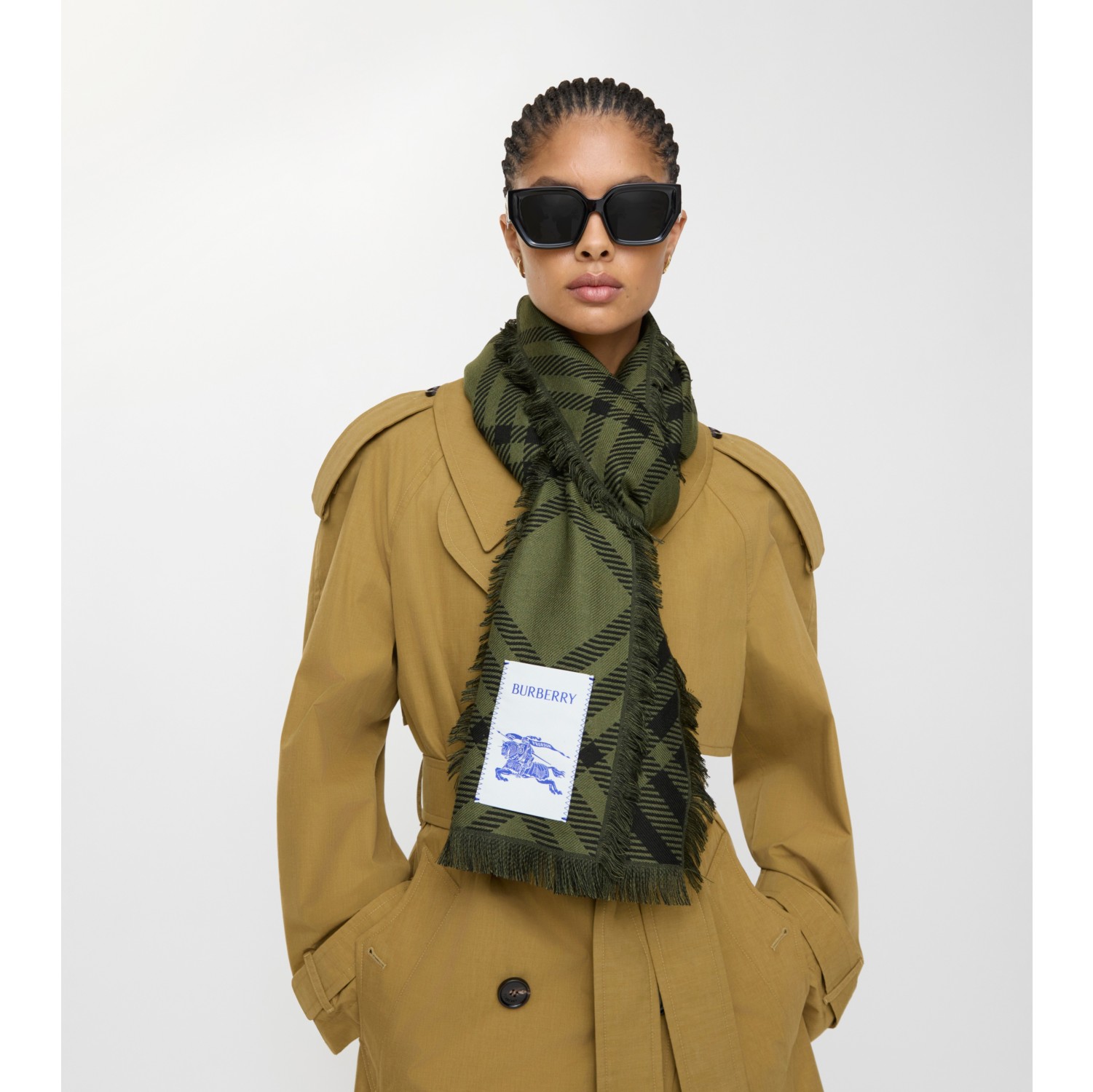 宽版格纹丝毛混纺围巾