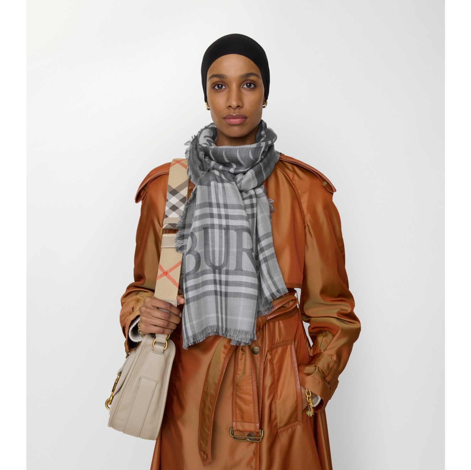 马术骑士徽标格纹丝毛混纺宽版围巾