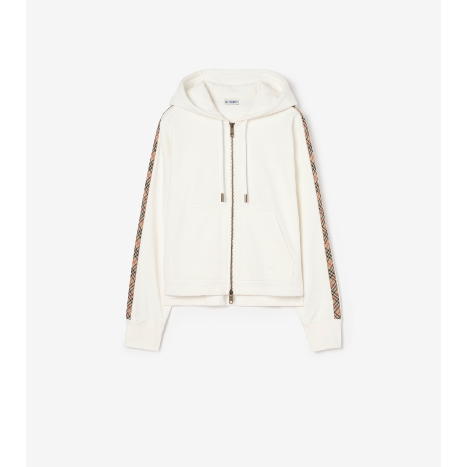 格纹装饰棉质拉链连帽衫