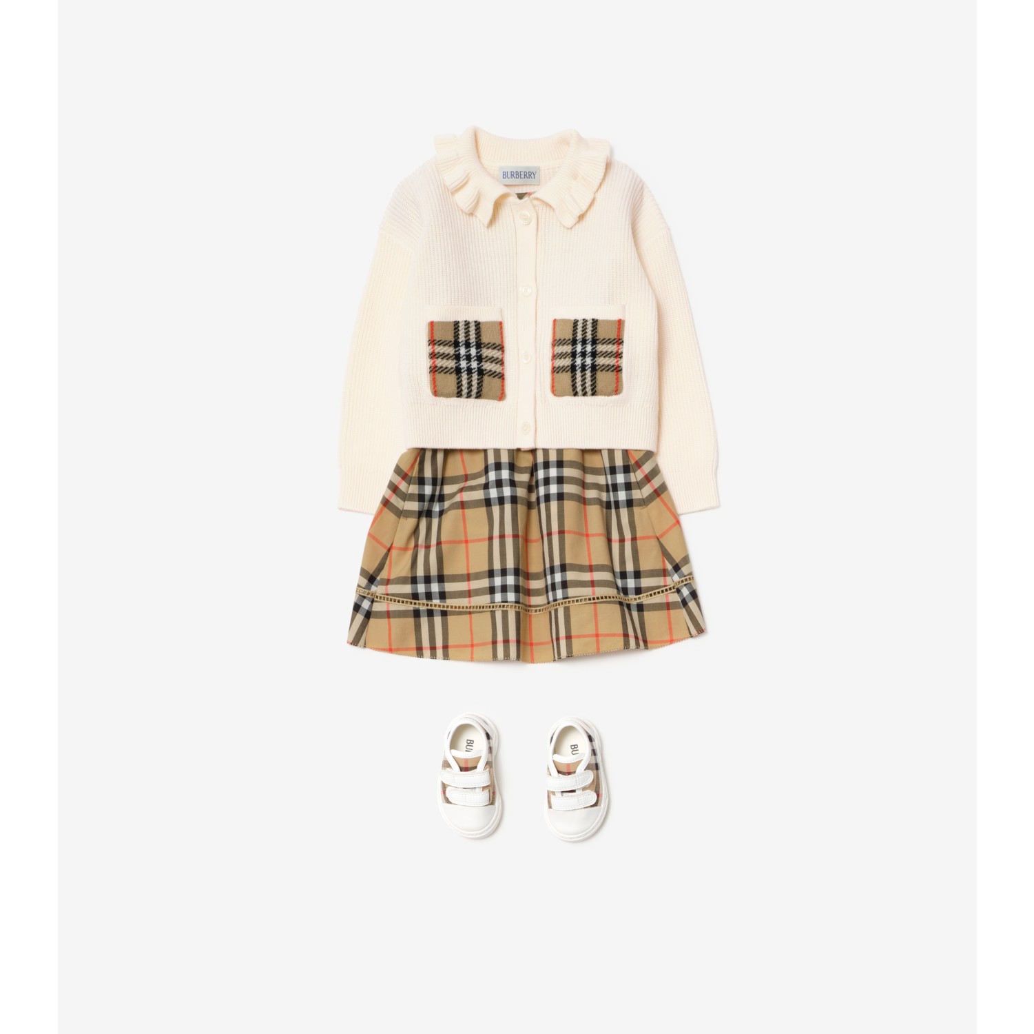 格纹口袋棉质羊毛混纺开衫