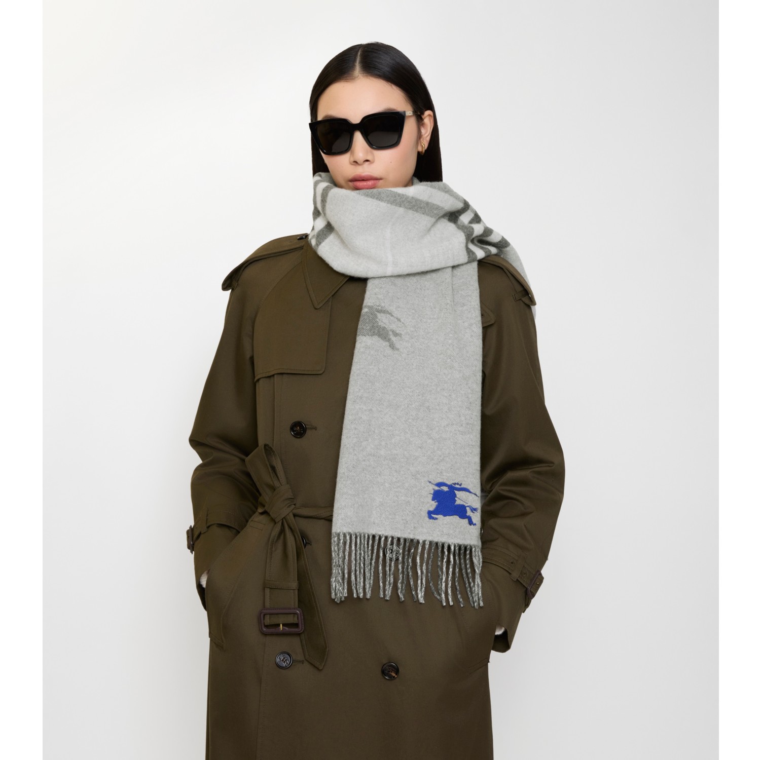 双面两用马术骑士徽标拼格纹羊绒围巾