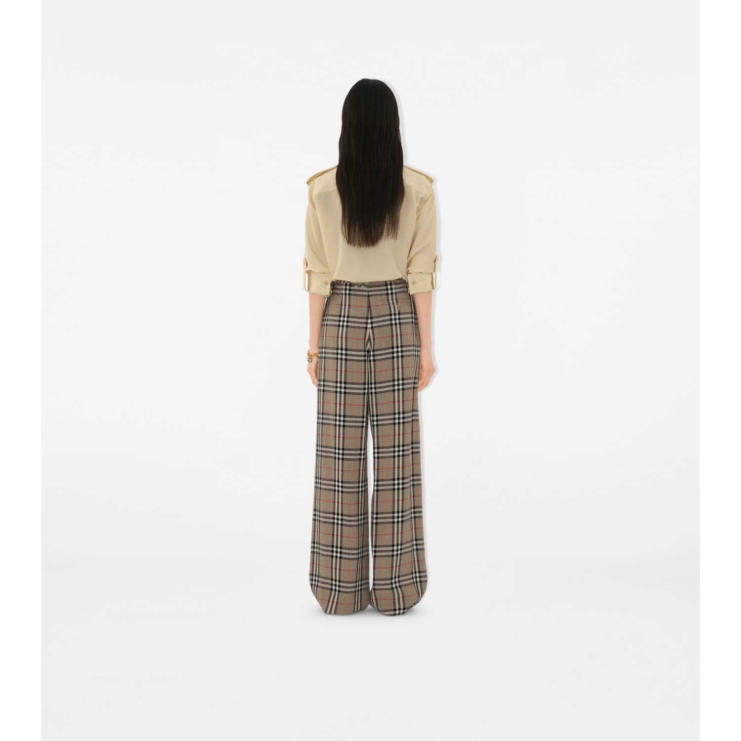 格纹丝质混纺束带长裤