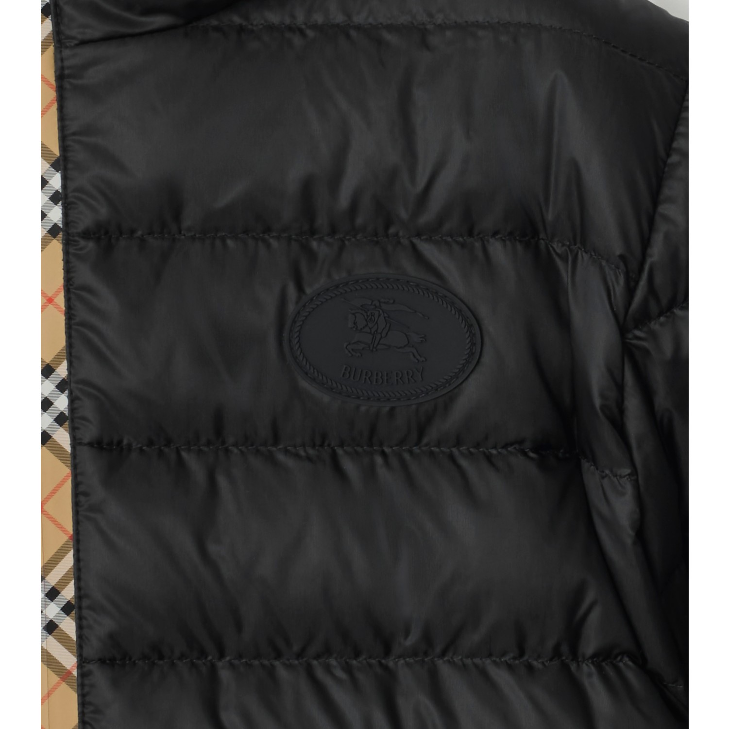 格纹饰带尼龙连帽羽绒服