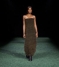 Model in Sequin fringed dress in olive