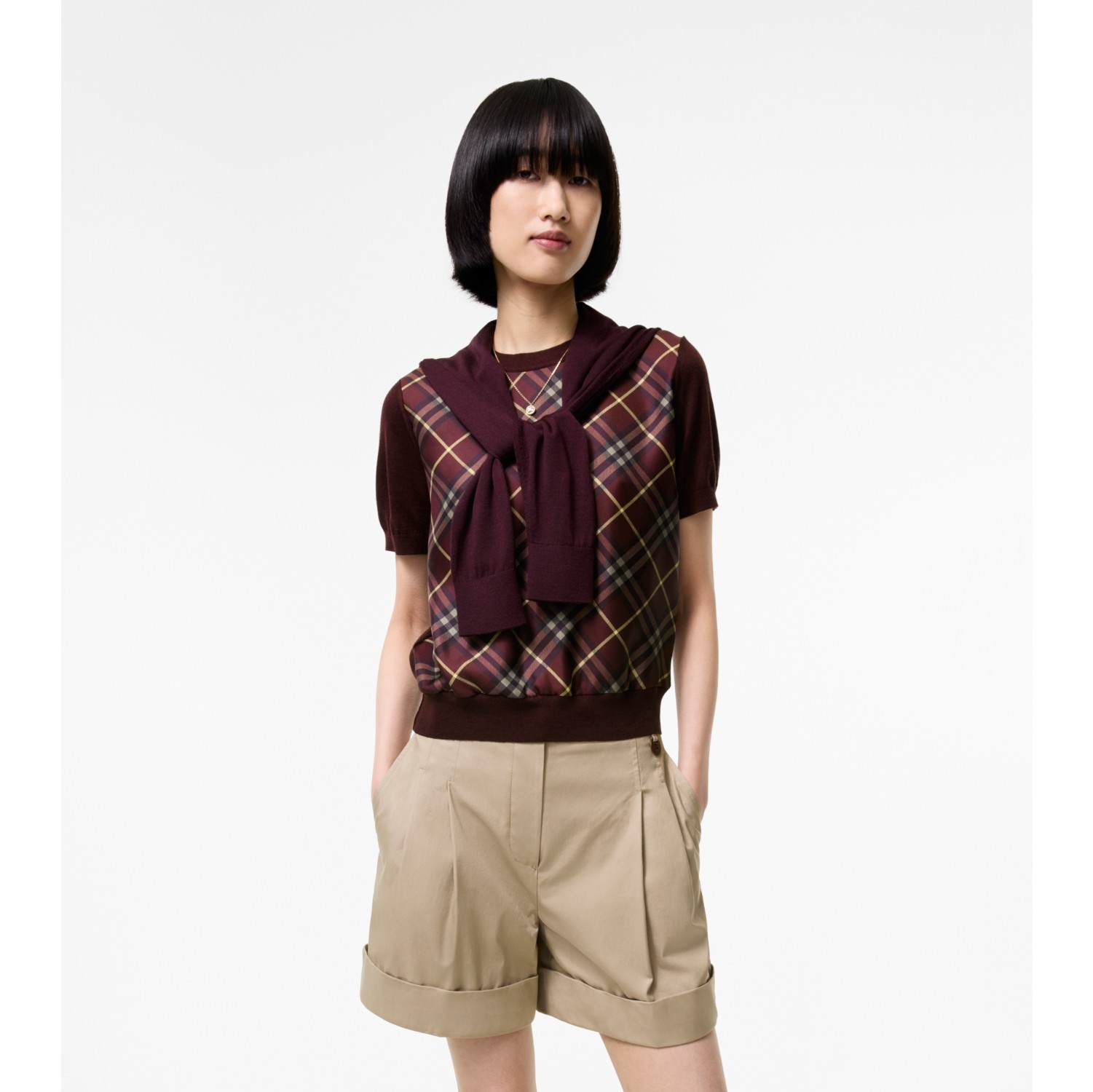 格纹裁片丝毛混纺 T 恤衫