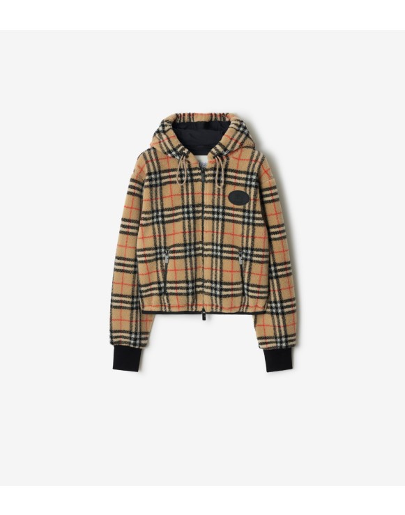 短款格纹绒头连帽外套