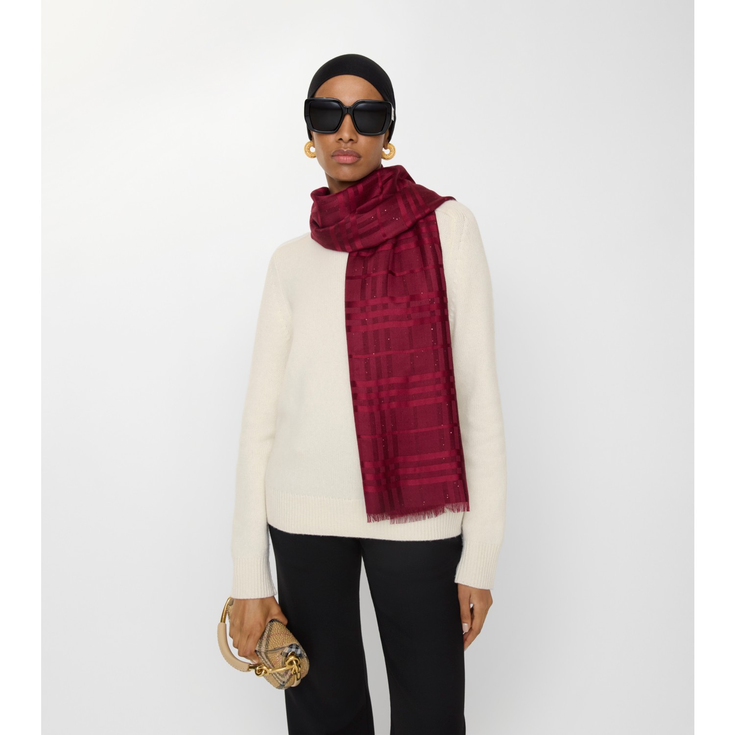 宽版格纹丝毛羊绒混纺围巾