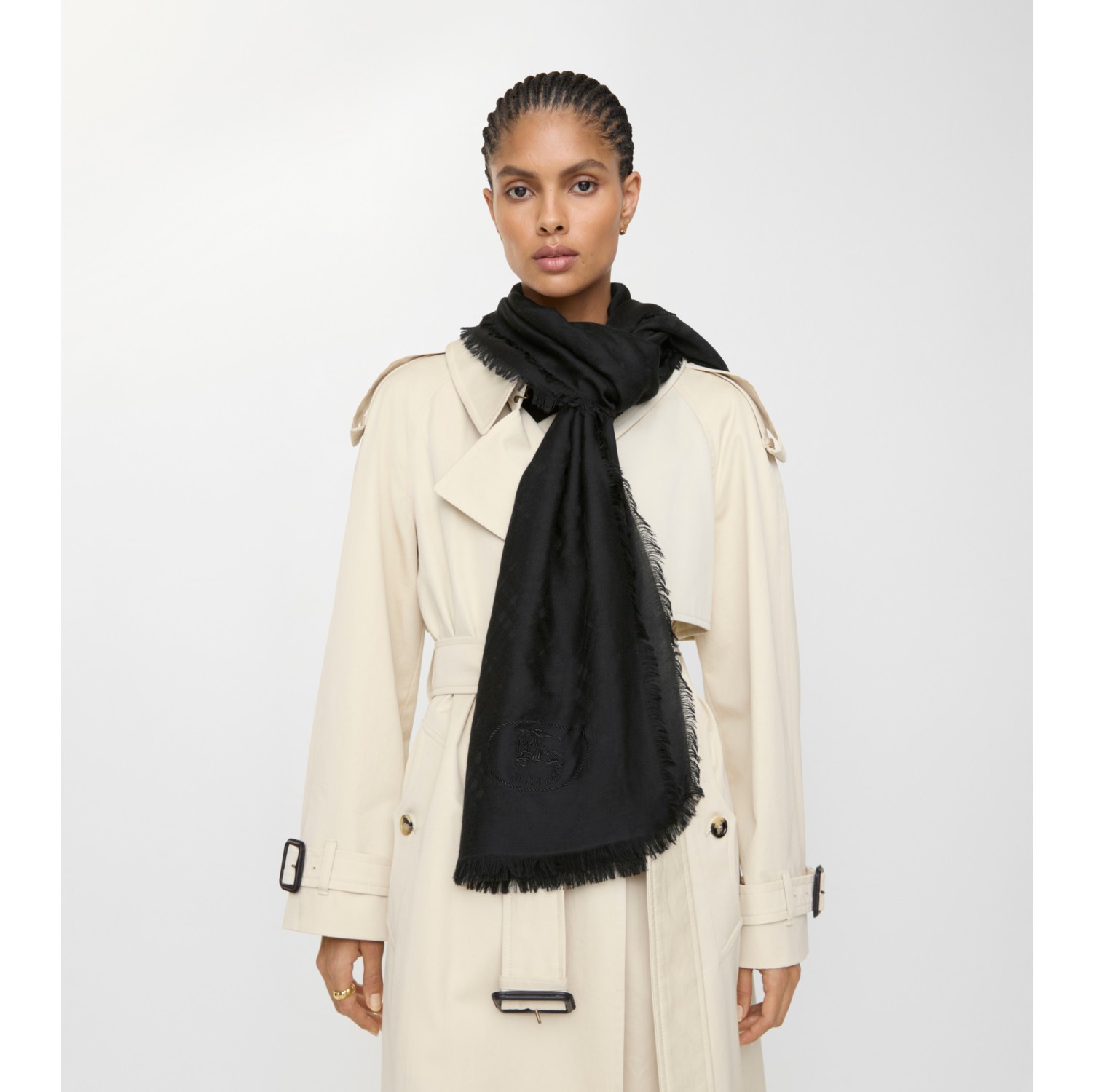 宽版格纹丝毛混纺围巾