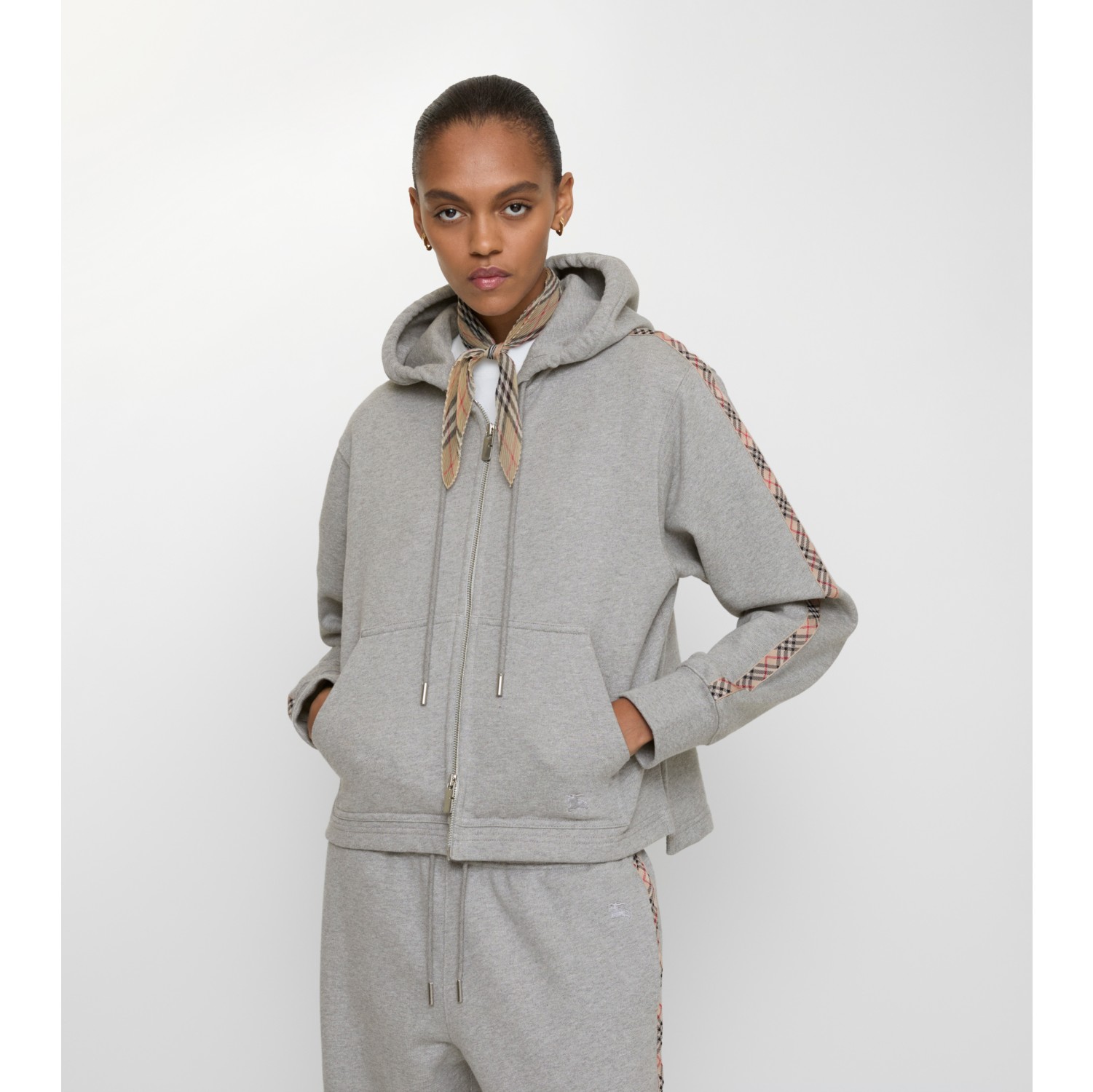 格纹装饰棉质拉链连帽衫