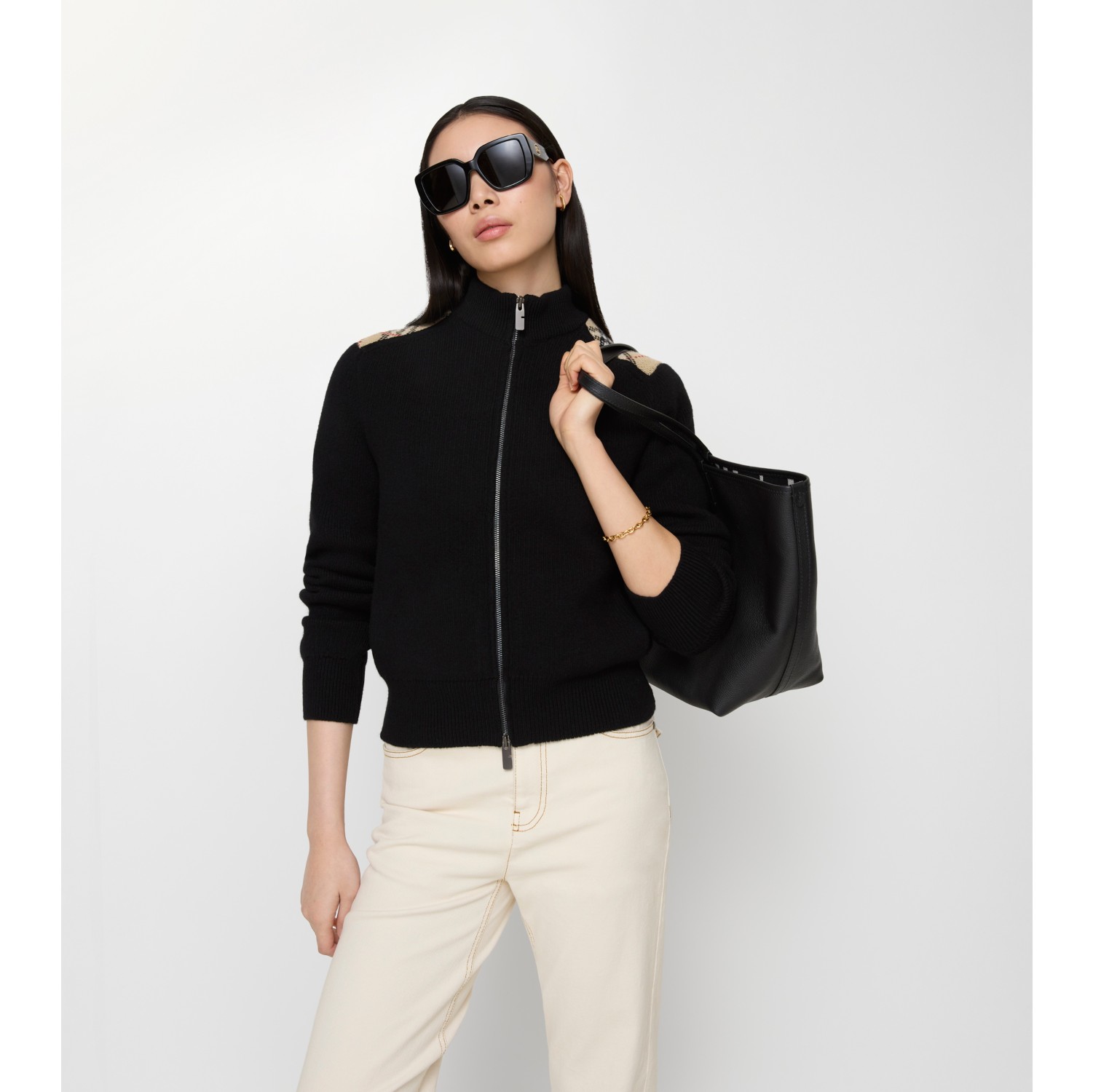 格纹贴片羊毛羊绒混纺开衫