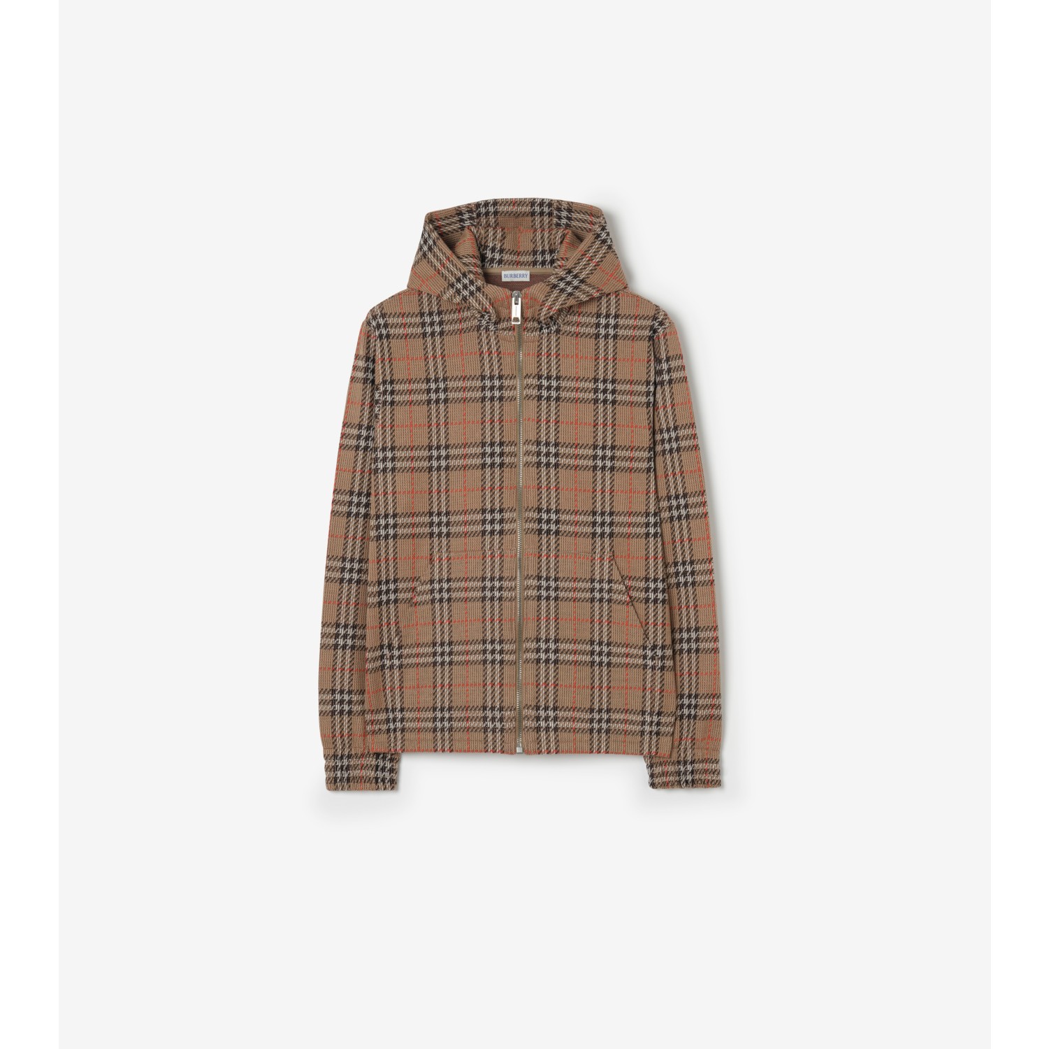 格纹棉质混纺拉链连帽衫