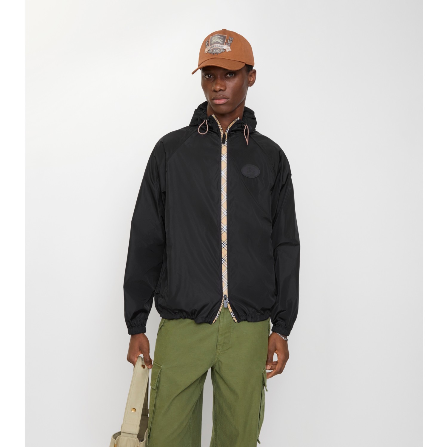 格纹饰带尼龙连帽外套