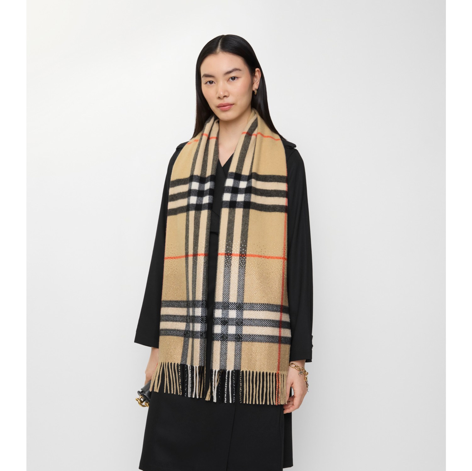 人造水晶装饰渐变格纹羊绒围巾