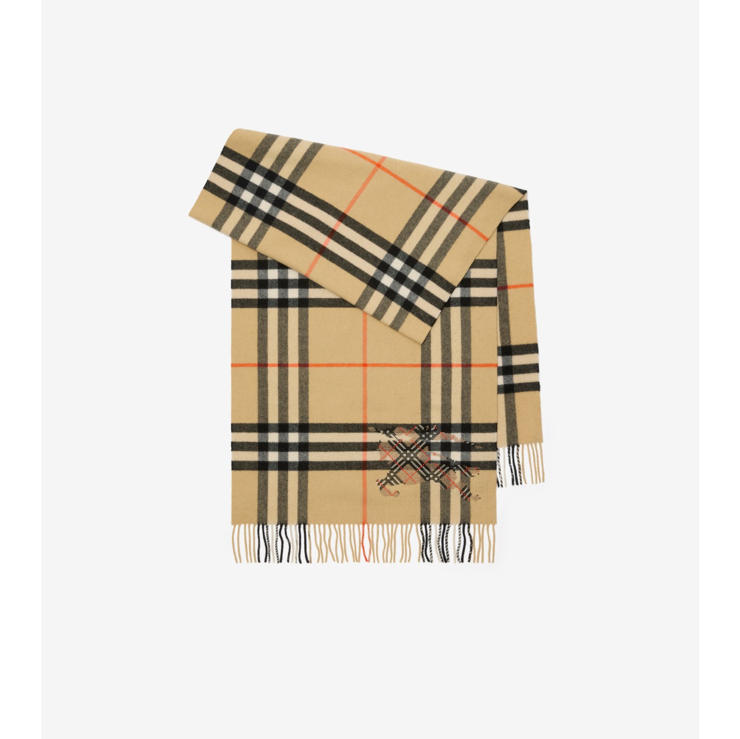 宽版十字绣马术骑士徽标格纹羊绒围巾