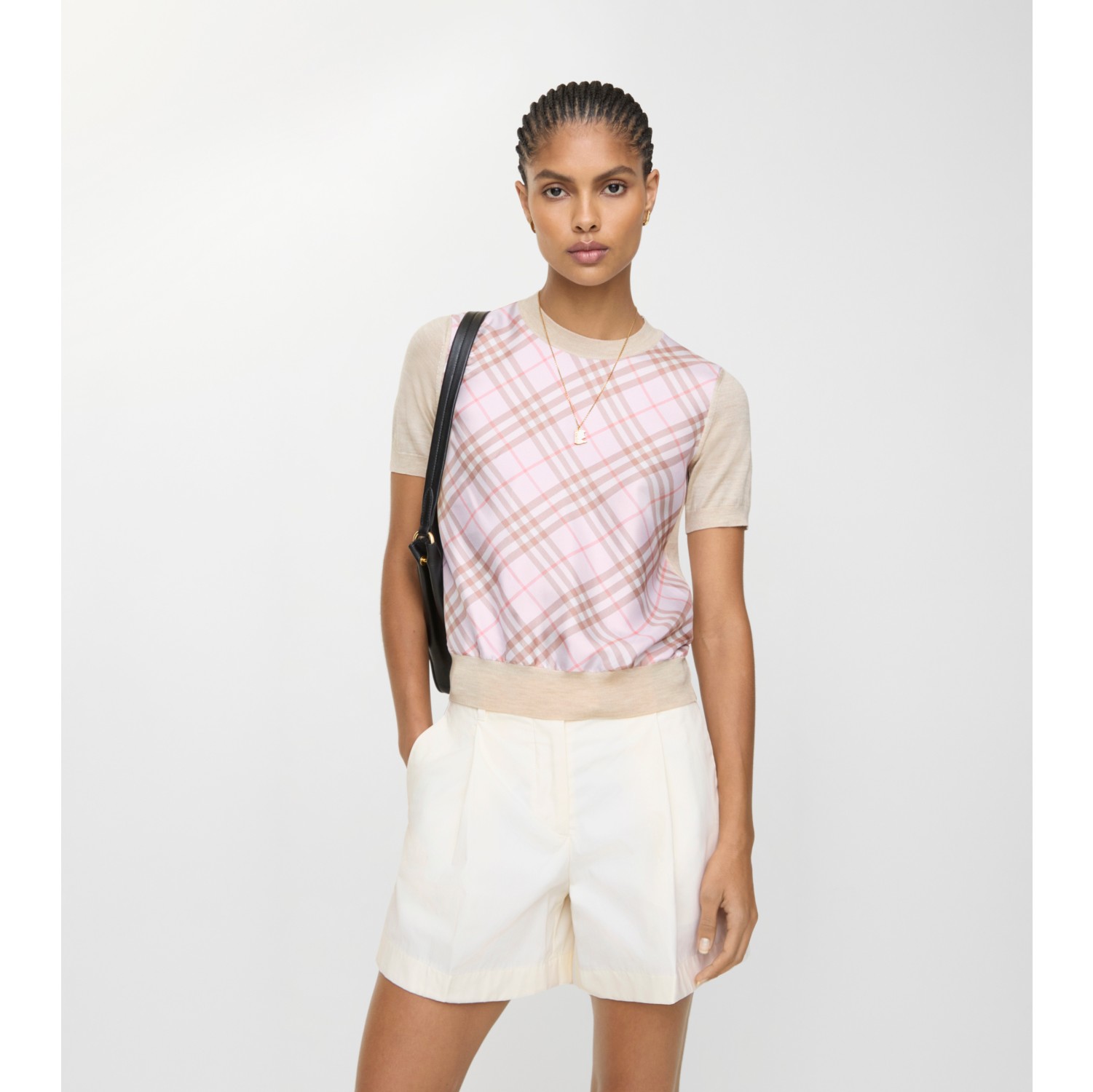 格纹裁片丝毛混纺上衣