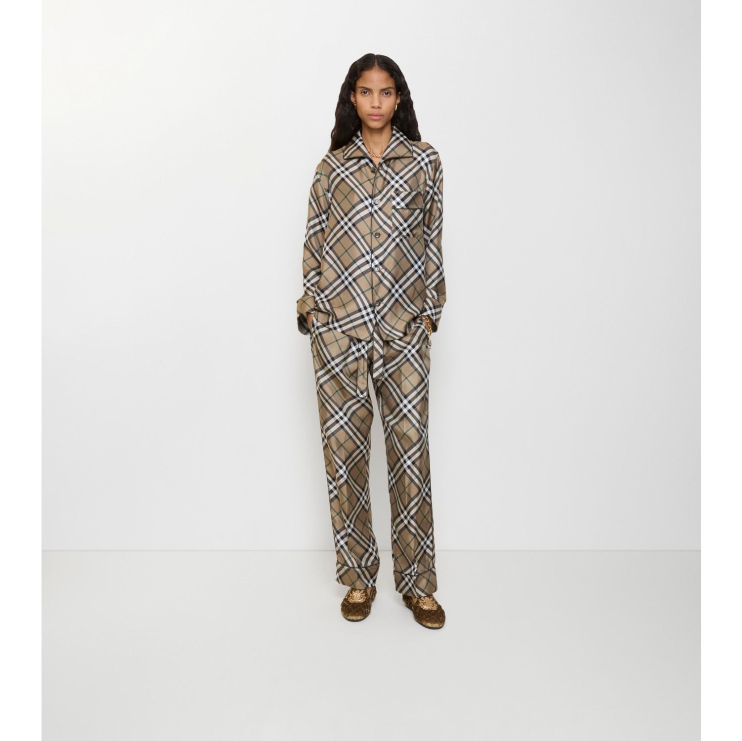 格纹丝质睡衣式长裤