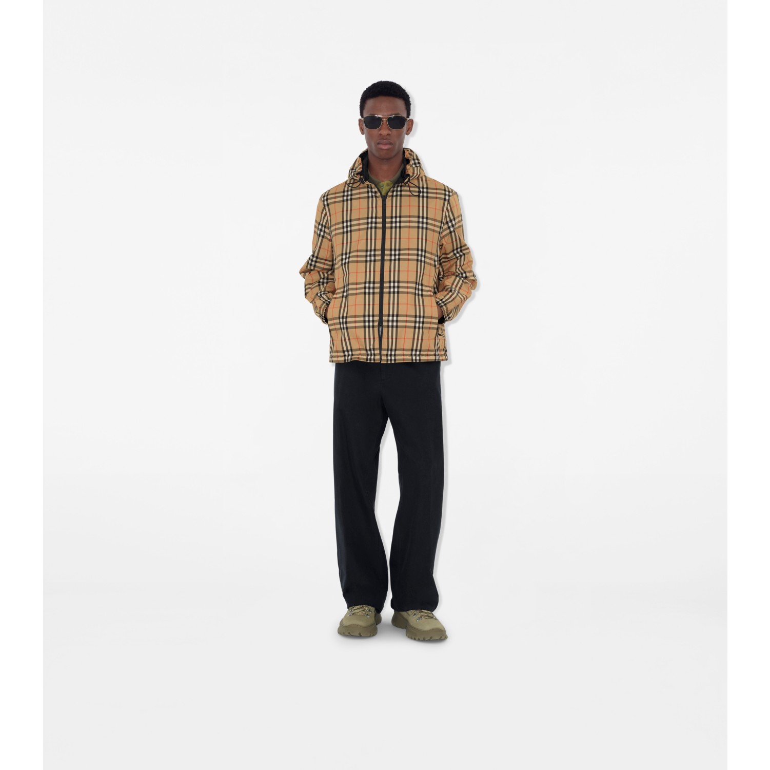 双面两穿格纹连帽外套