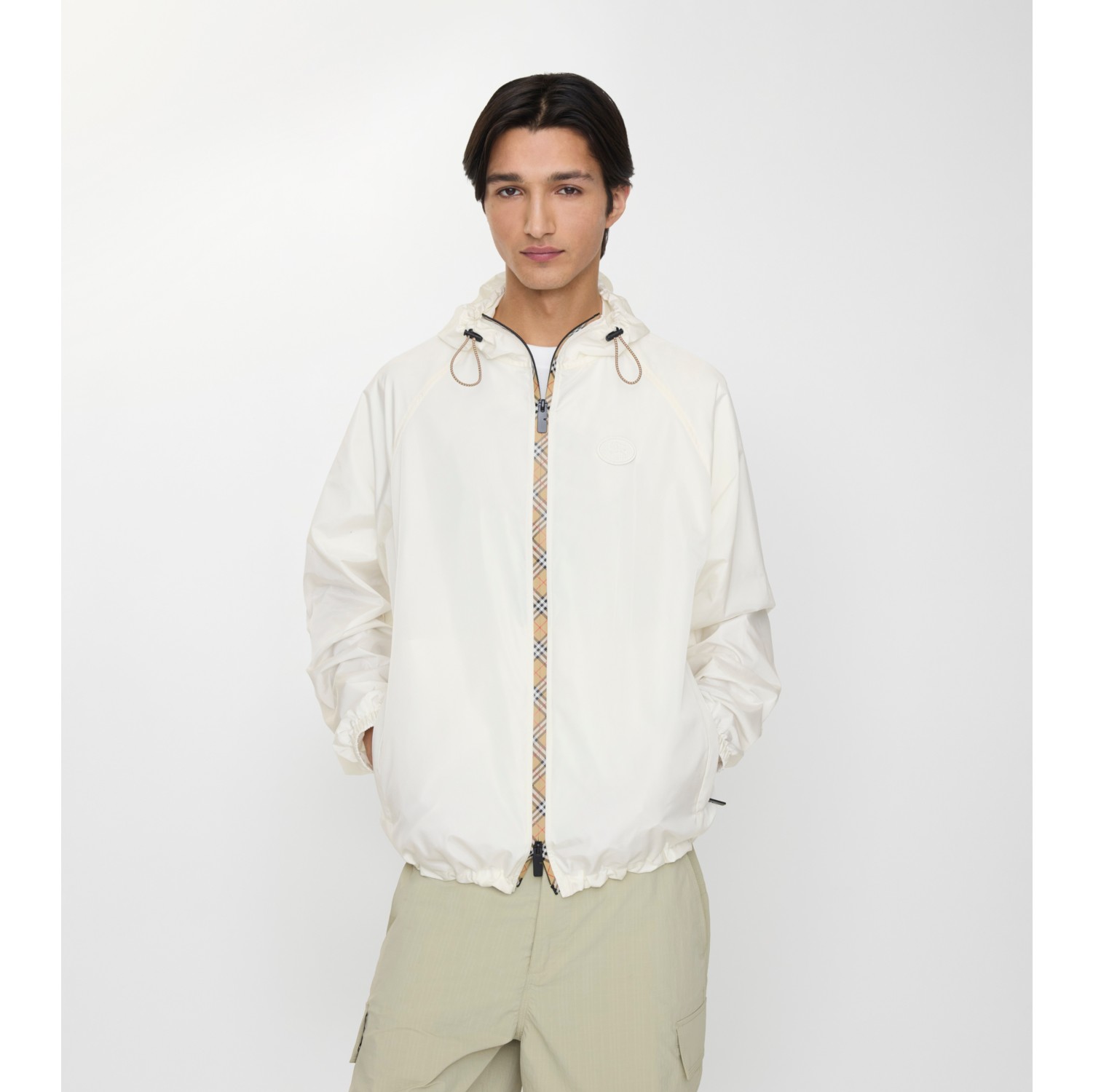 格纹饰带尼龙连帽外套