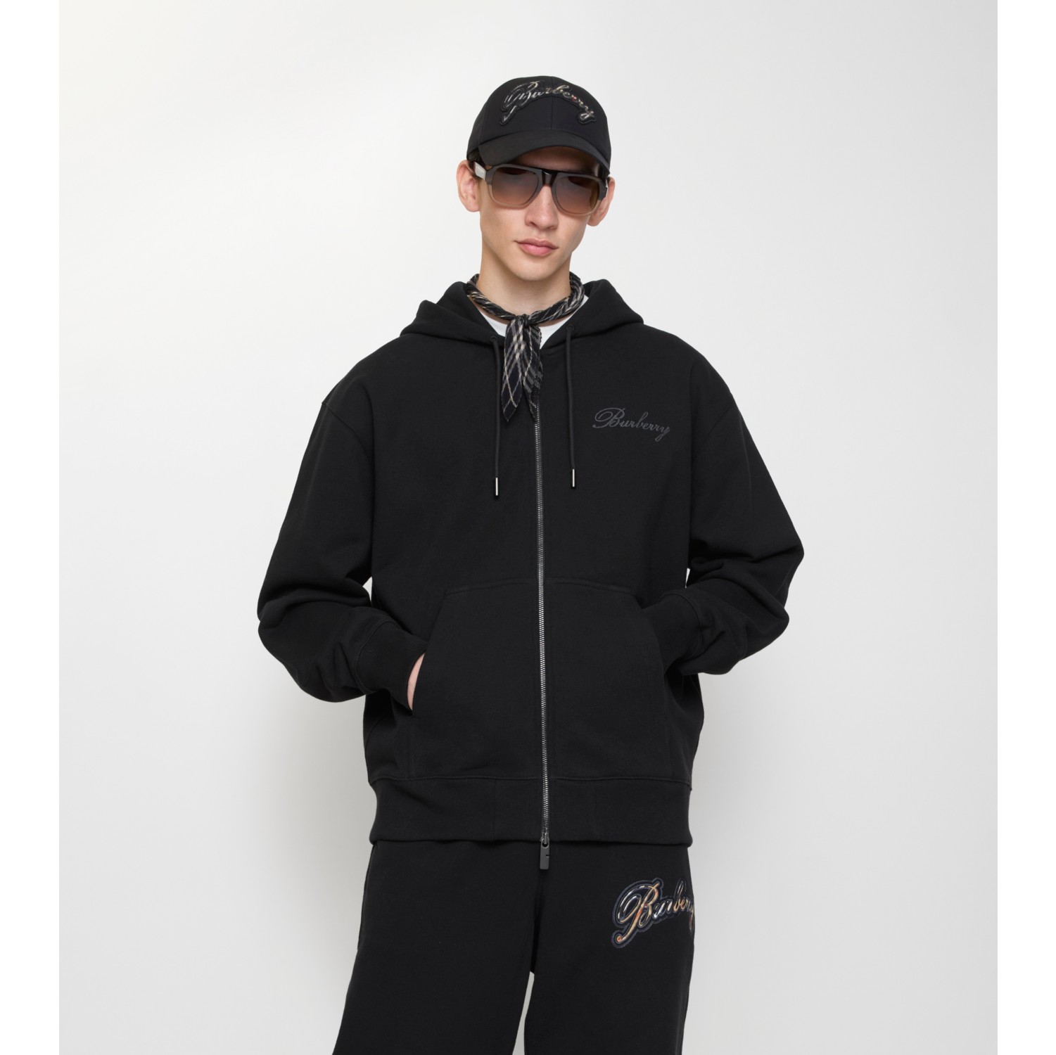 草书风格格纹徽标棉质拉链连帽衫