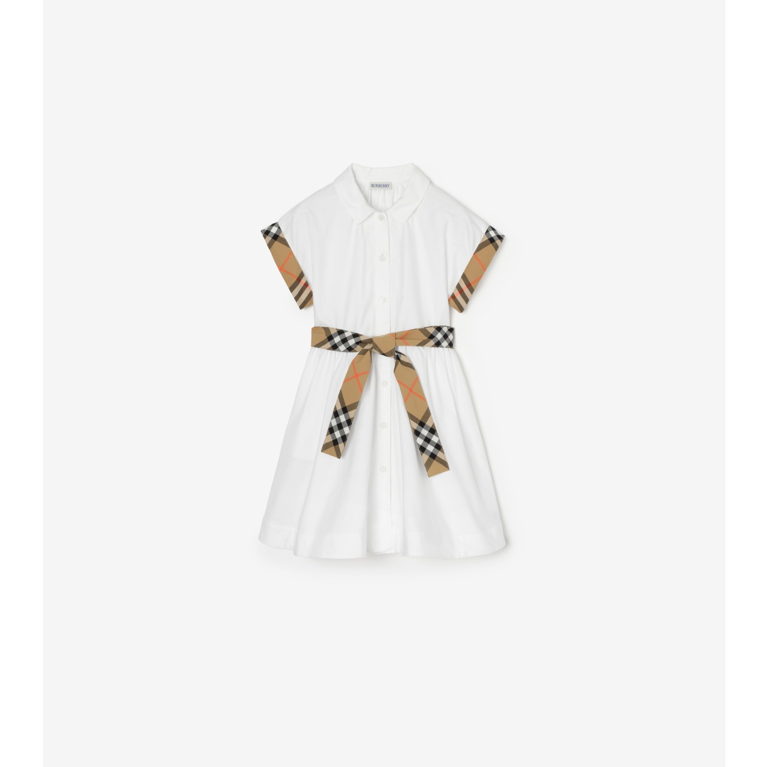 格纹装饰棉质衬衫式连衣裙