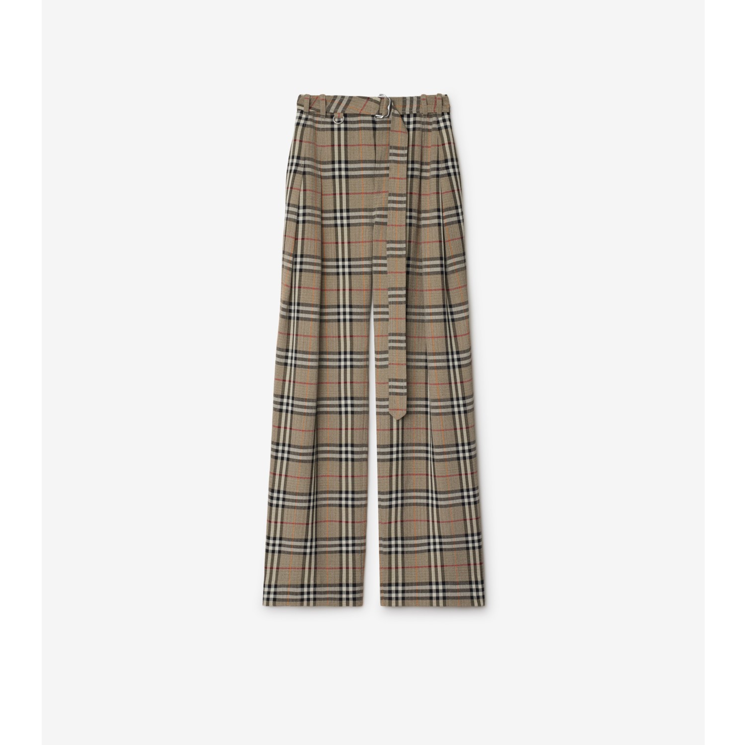 格纹丝质混纺束带长裤