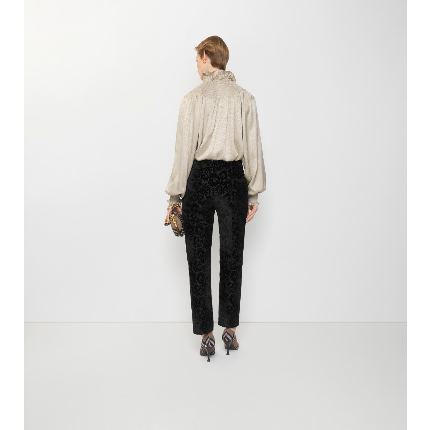 藤蔓装饰丝质混纺丝绒量裁长裤