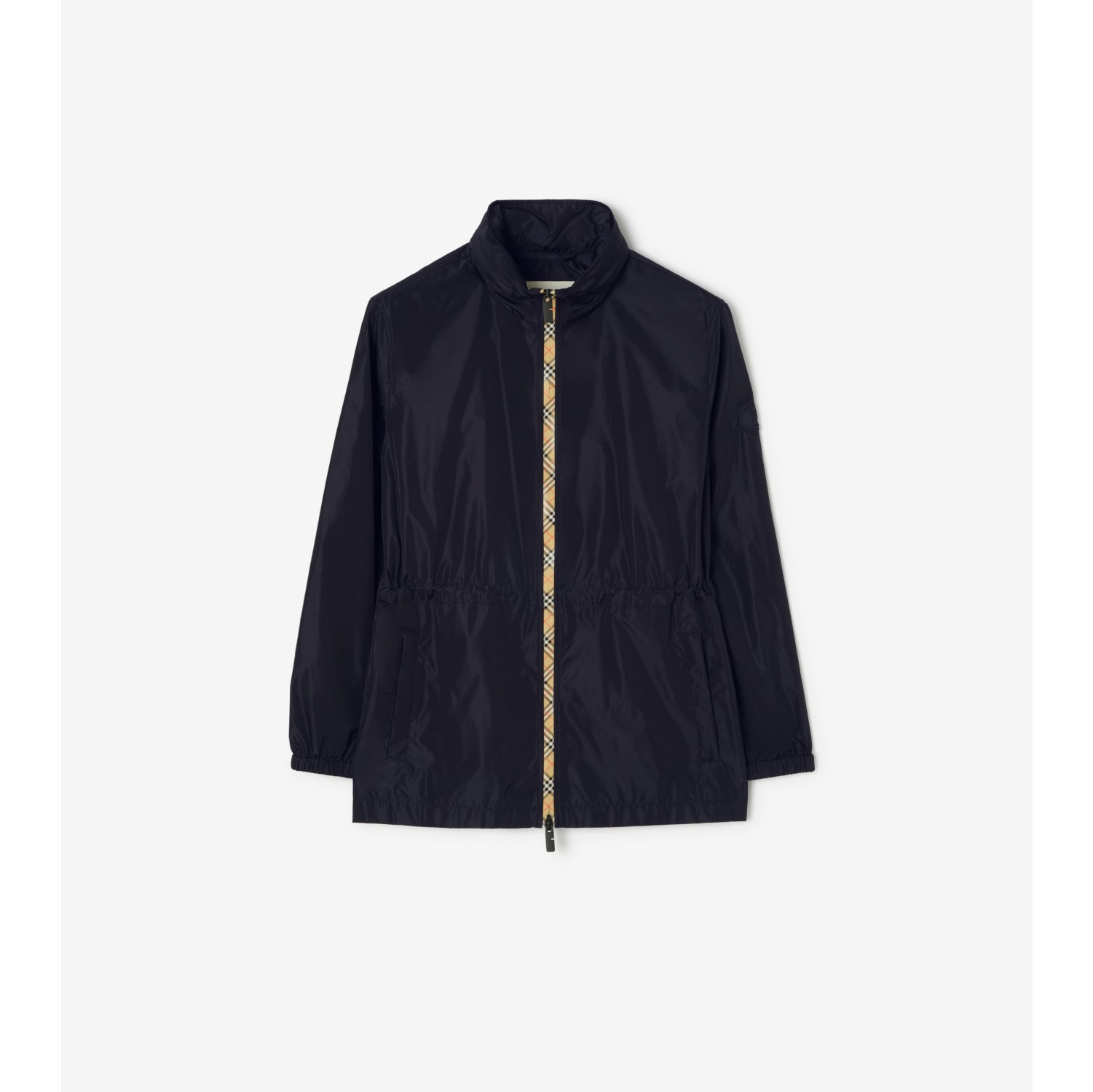 格纹饰带短款尼龙风雪大衣