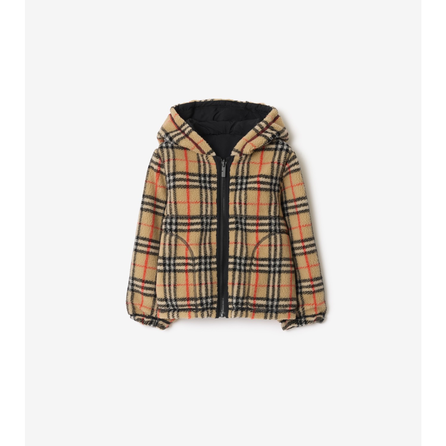 双面两穿格纹绒头连帽外套