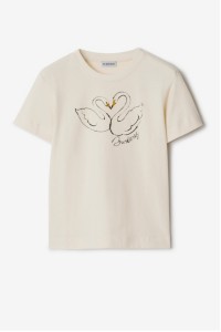 皂白色方正版型天鹅图案棉质T恤衫