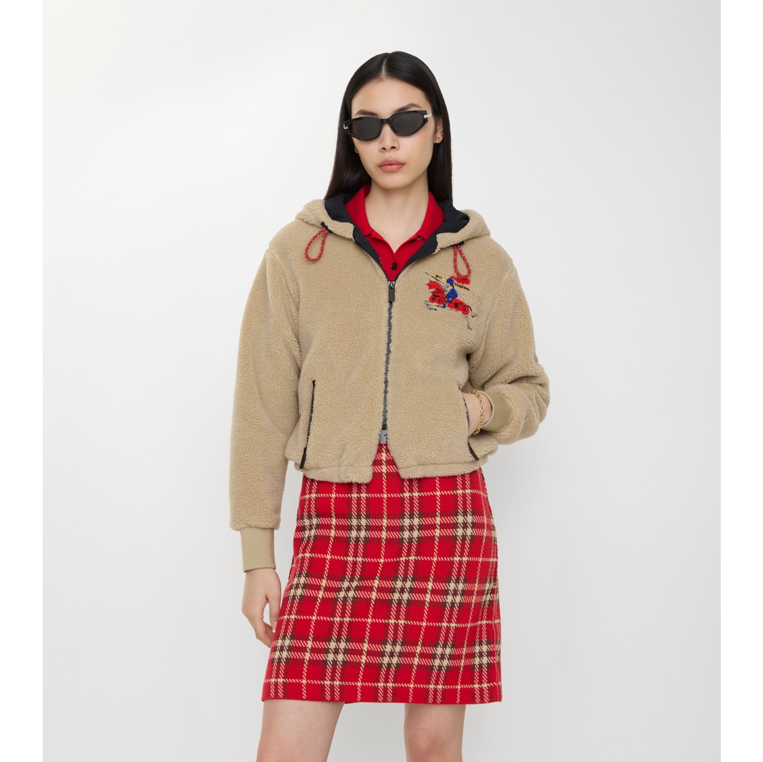 短款马术骑士徽标羊毛羊绒混纺绒头外套