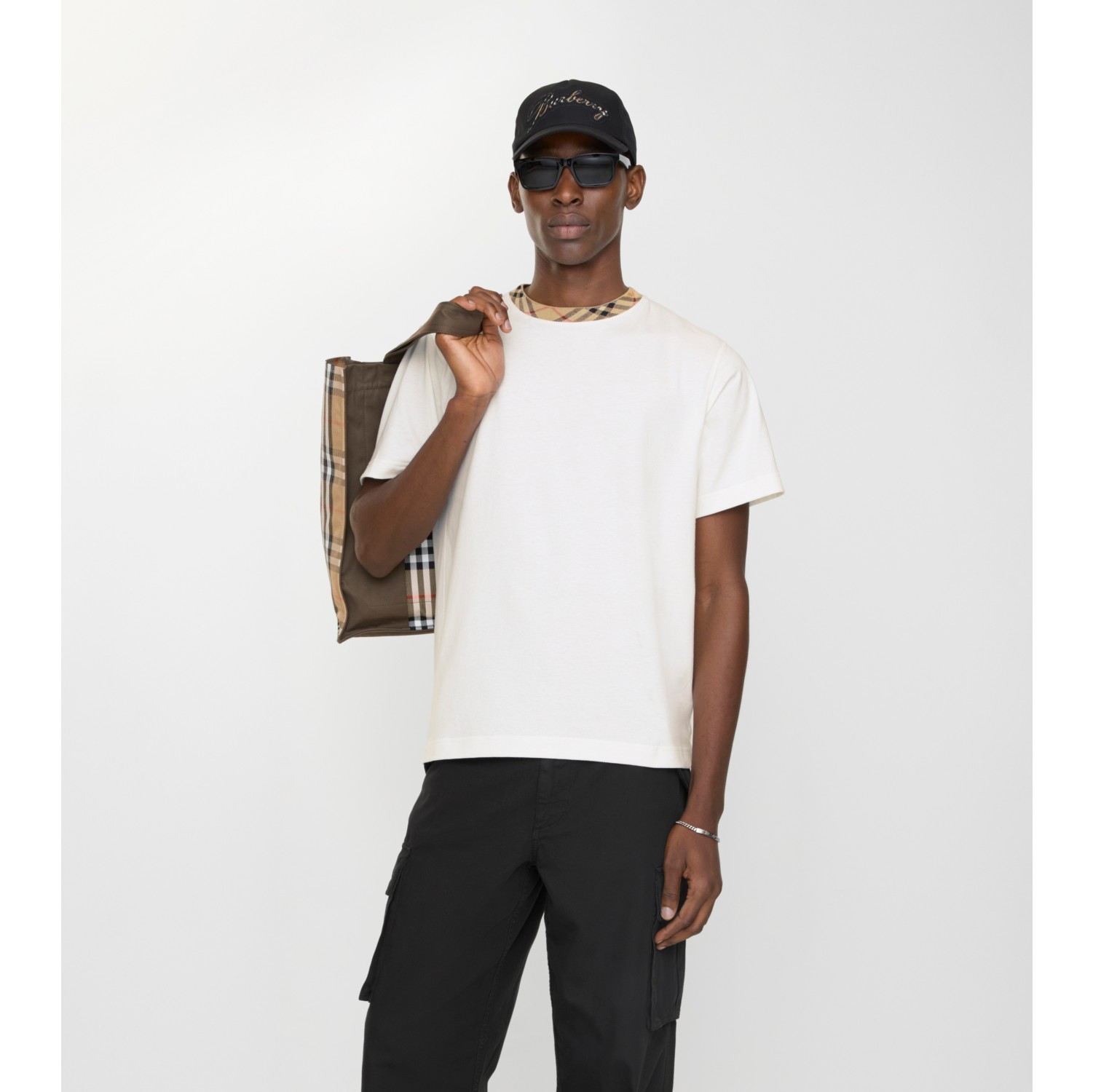 格纹装饰棉质 T 恤衫