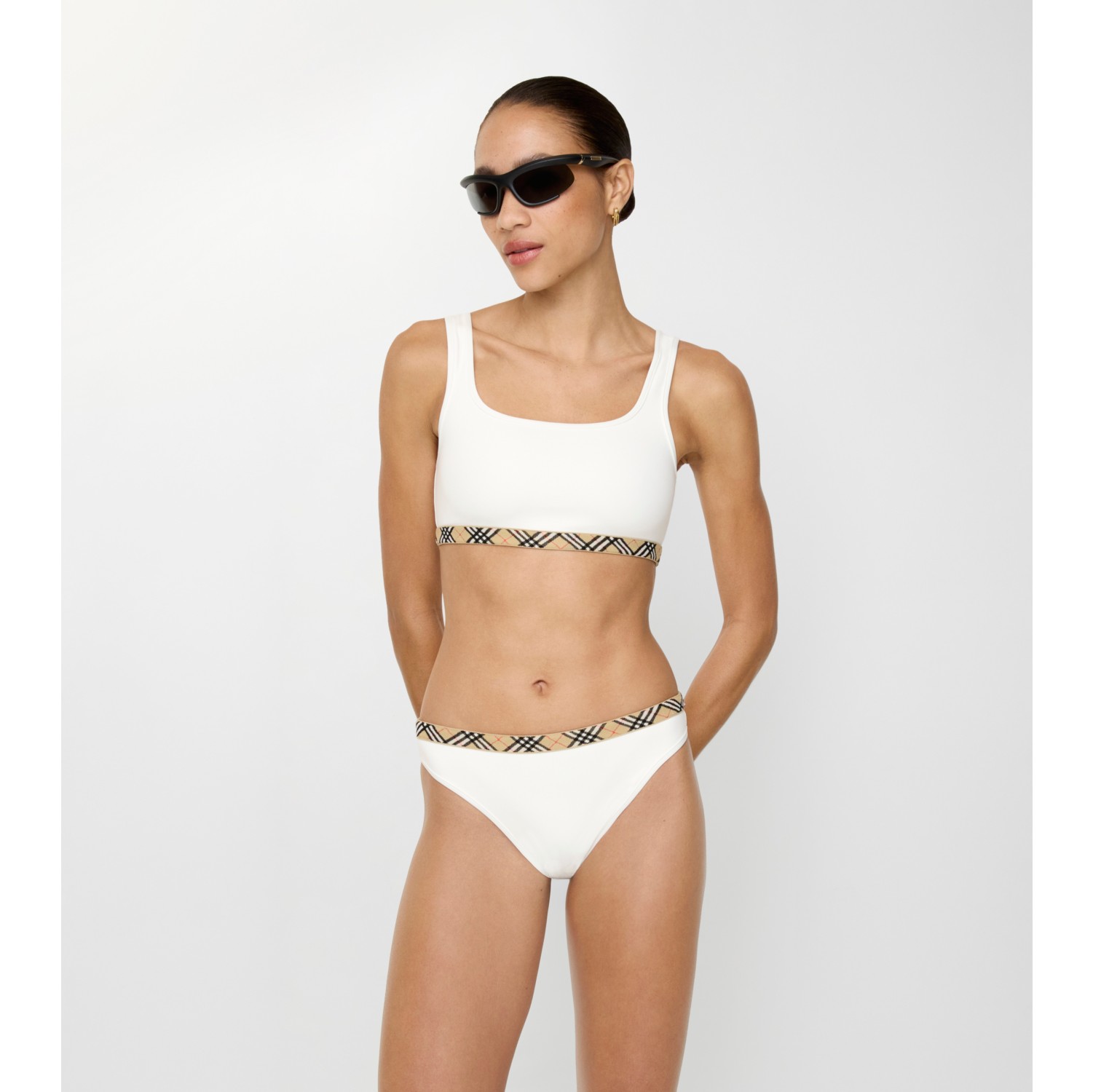 格纹饰边比基尼上衣
