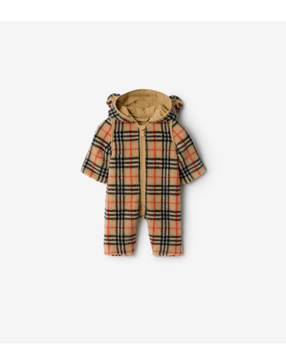 格纹绒头连帽连体裤