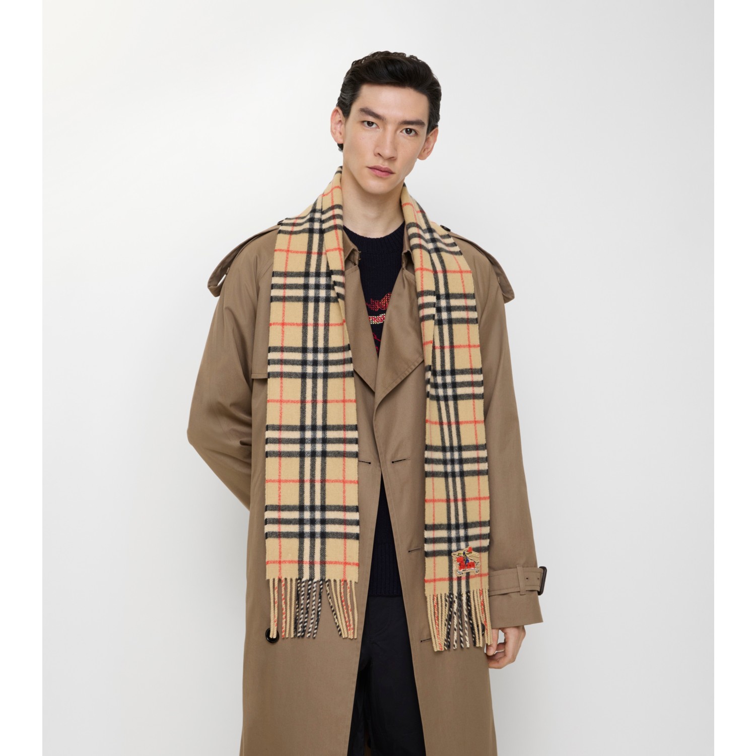 窄版格纹羊绒围巾