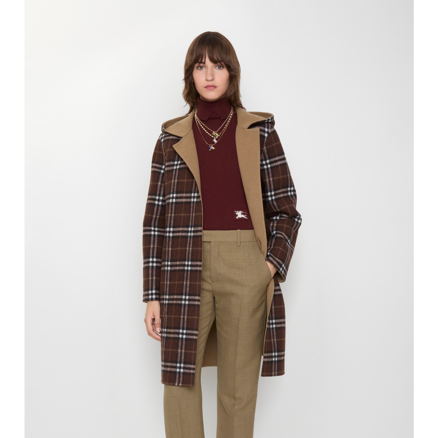 双面两穿羊毛围裹式连帽大衣