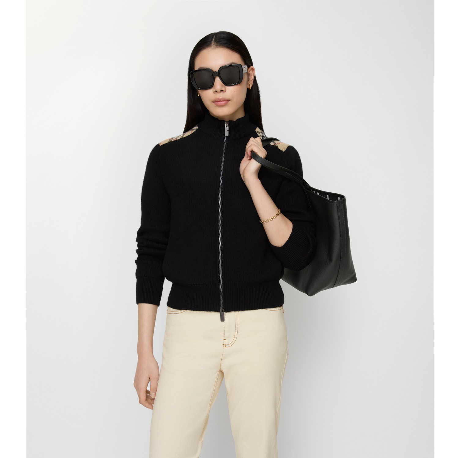 格纹贴片羊毛羊绒混纺开衫