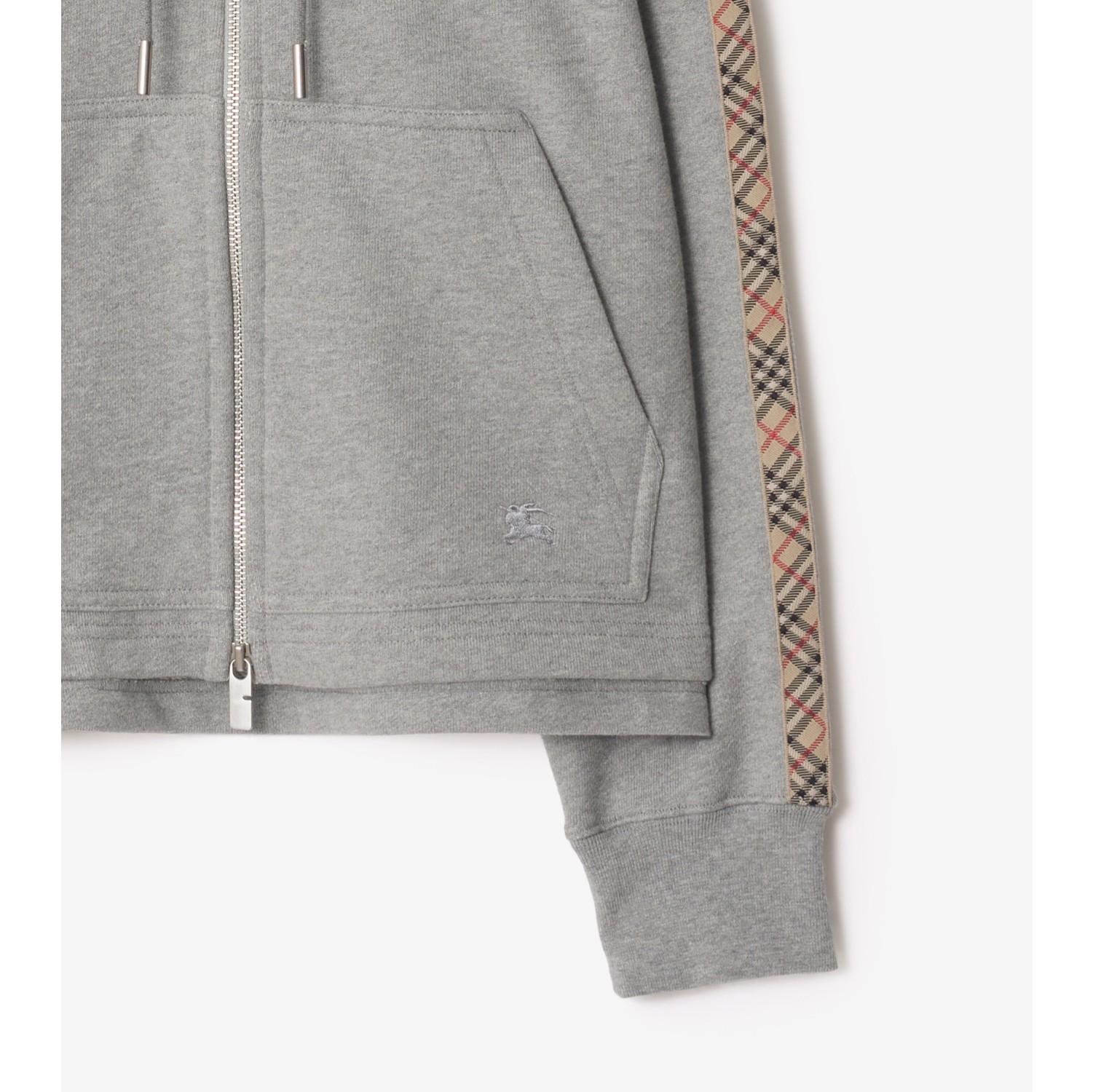 格纹装饰棉质拉链连帽衫