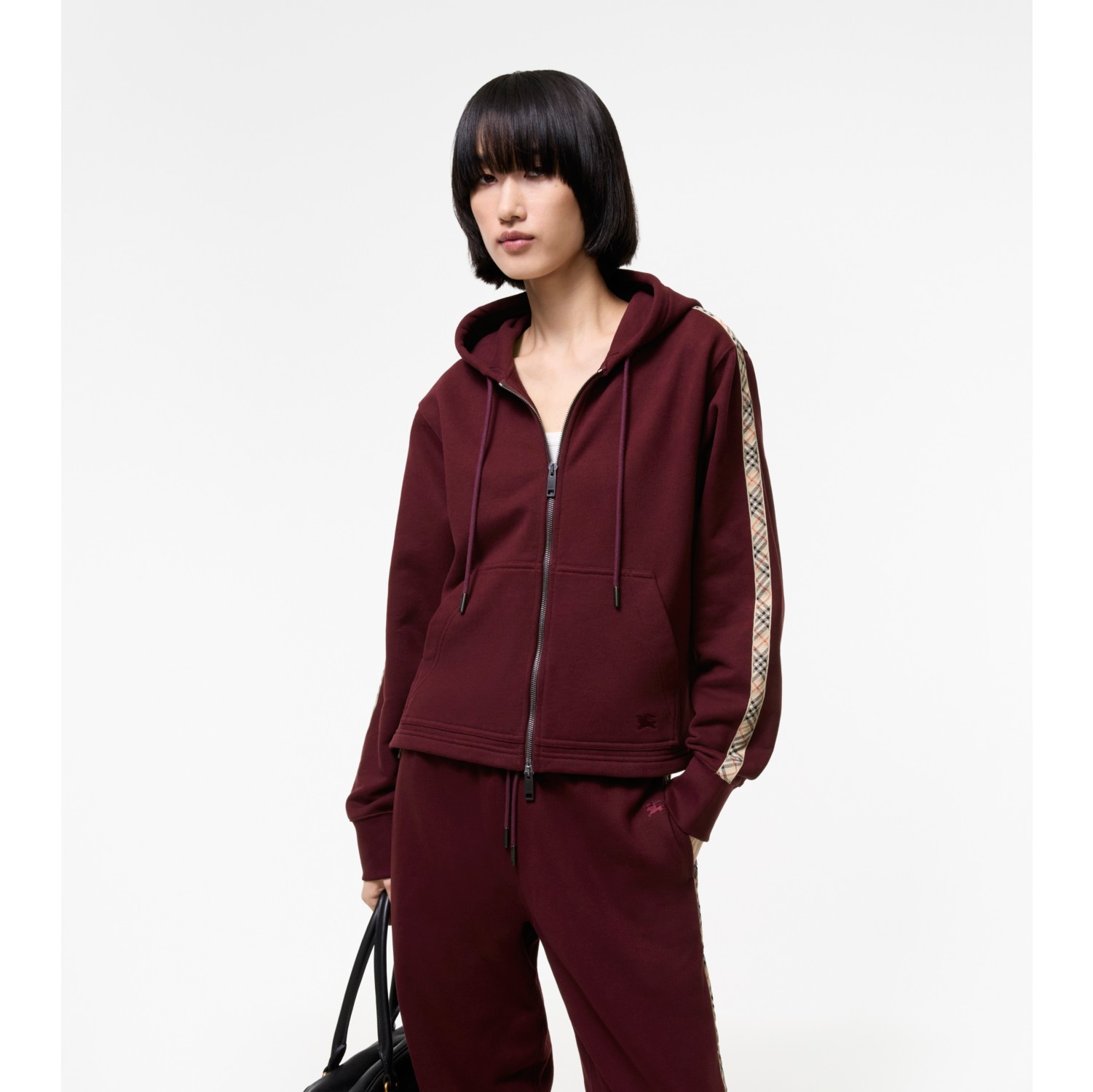 格纹装饰棉质拉链连帽衫