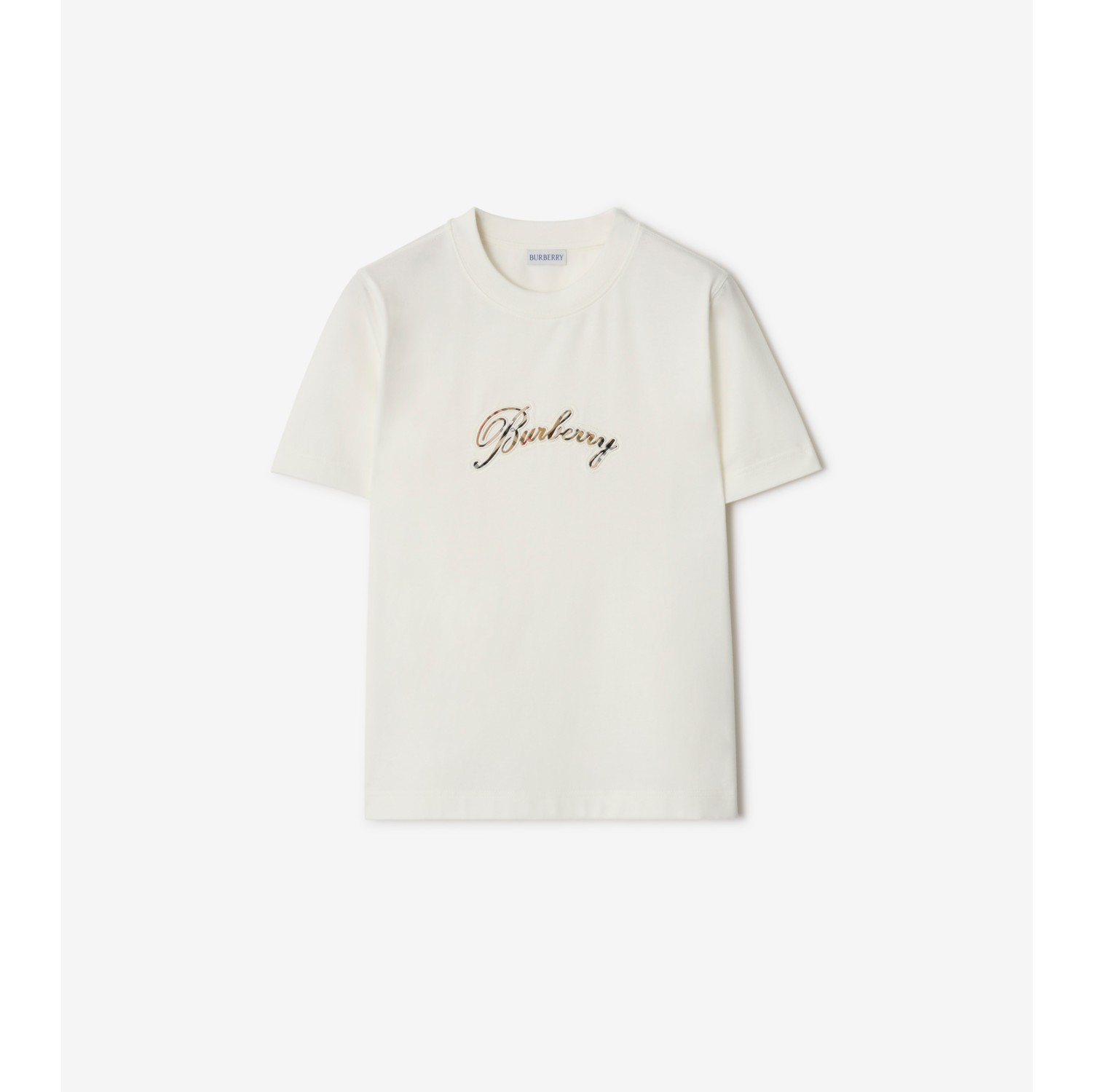 格纹草书风格徽标装饰棉质 T 恤衫