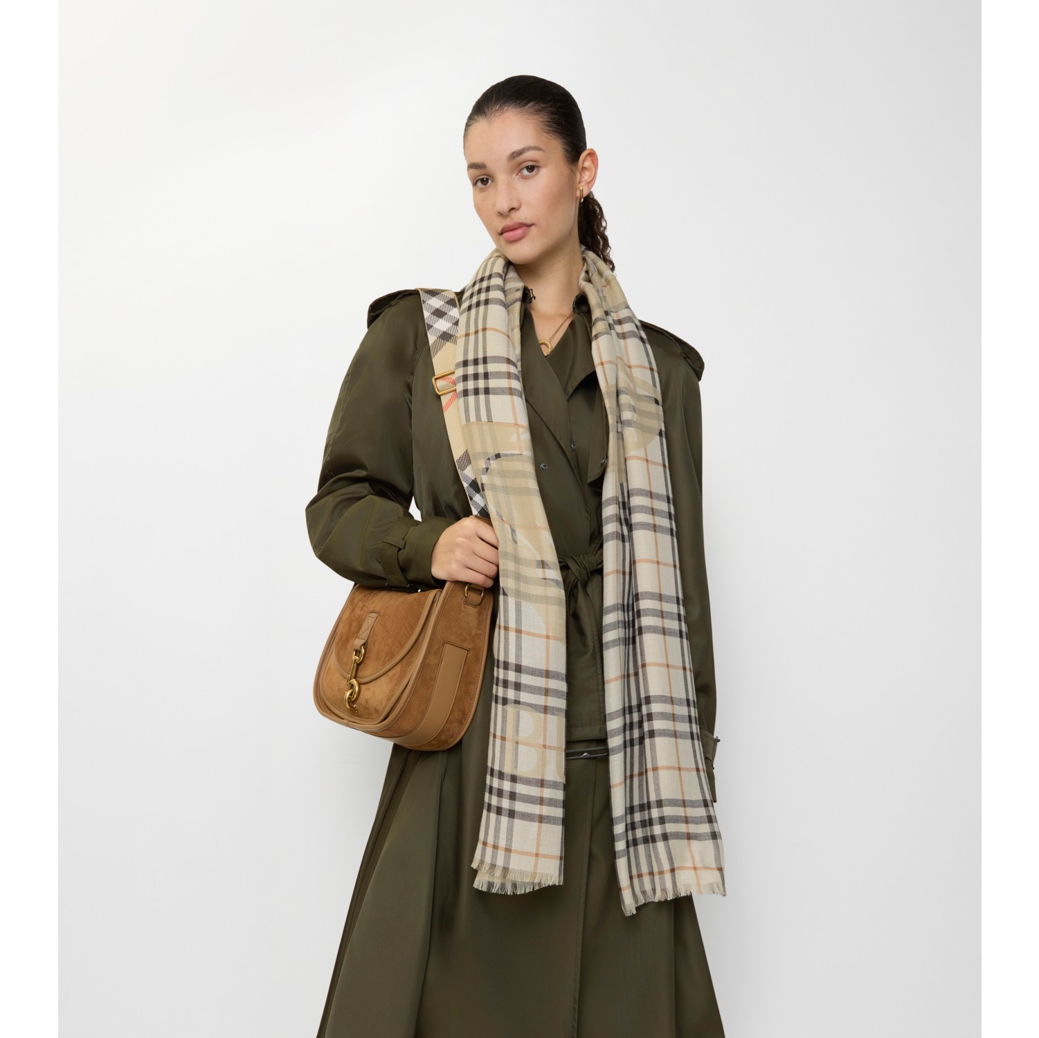 马术骑士徽标格纹丝毛混纺宽版围巾