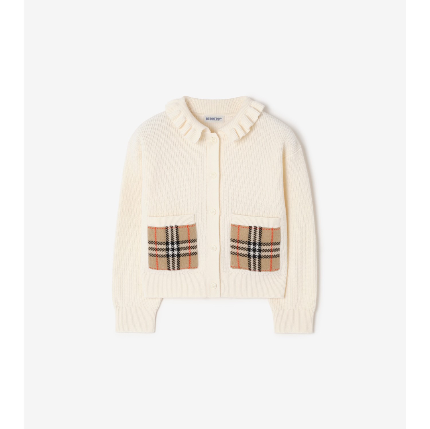 格纹口袋棉质羊毛混纺开衫