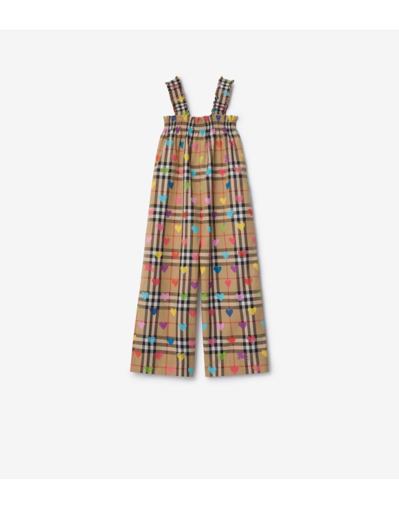 心形图案拼格纹棉质连体裤