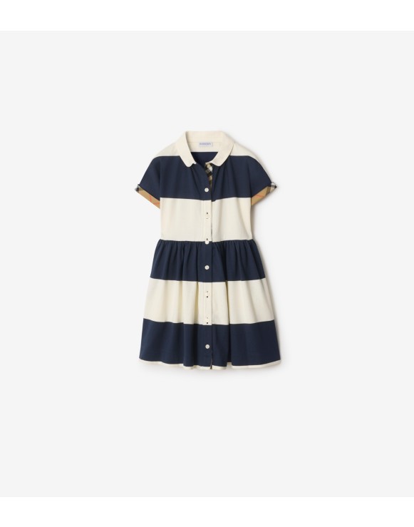 格纹饰边拼条纹棉质衬衫式连衣裙