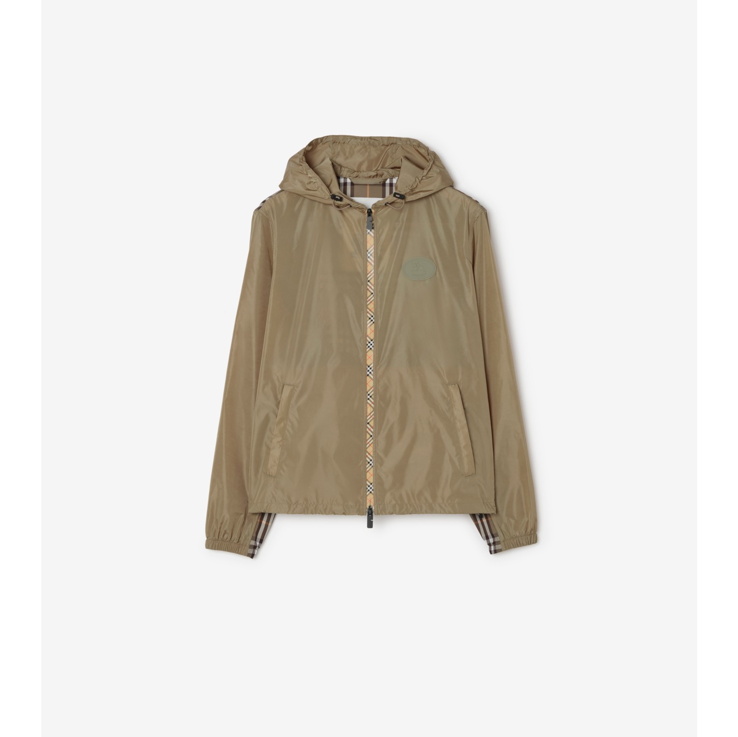 格纹饰边尼龙连帽外套