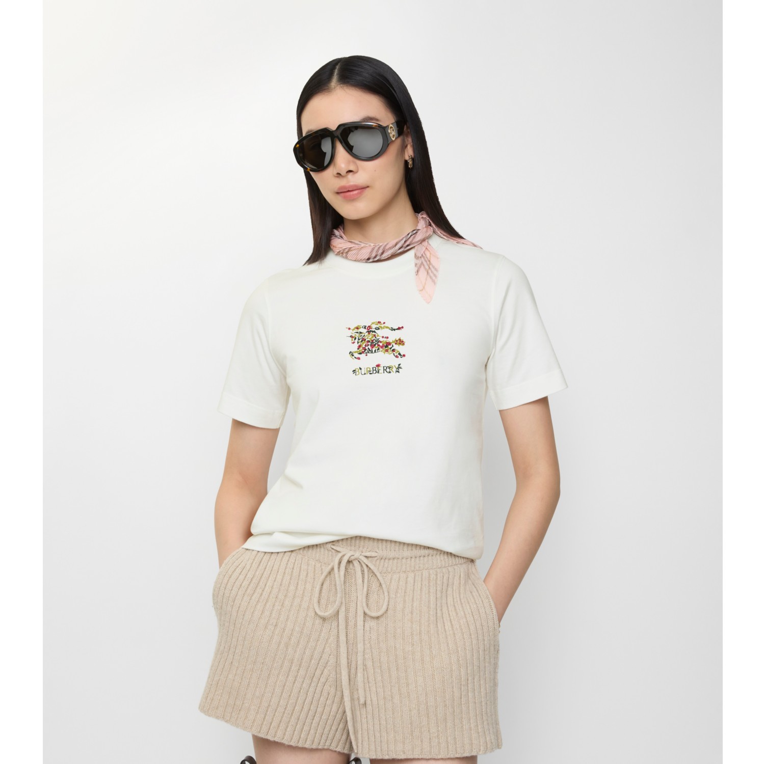 花卉马术骑士徽标棉质 T 恤衫