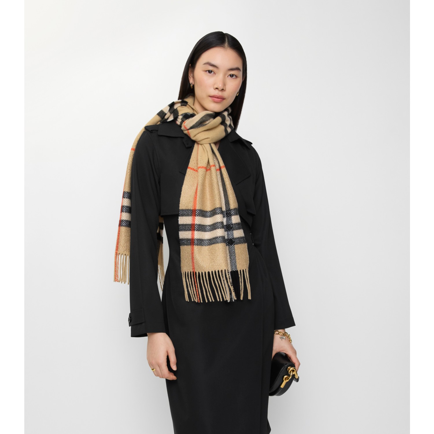 人造水晶装饰渐变格纹羊绒围巾